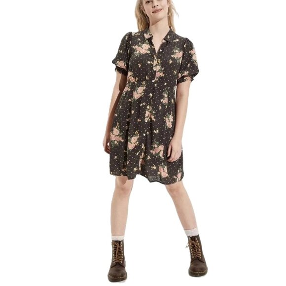 American Eagle Outfitters Dresses & Skirts - American Eagle Women Gray Floral Puff Sleeve Shirt Dress Goth Grunge Fest Sz XS